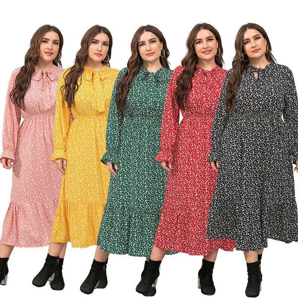 

women's autumn round neck chiffon high waist spot large swing stitching dress, Black;gray