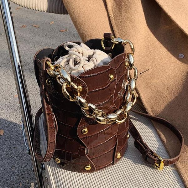 

stone pattern chain tote bucket bag 2021 fashion new quality pu leather women's designer rivet shoulder messenger bag