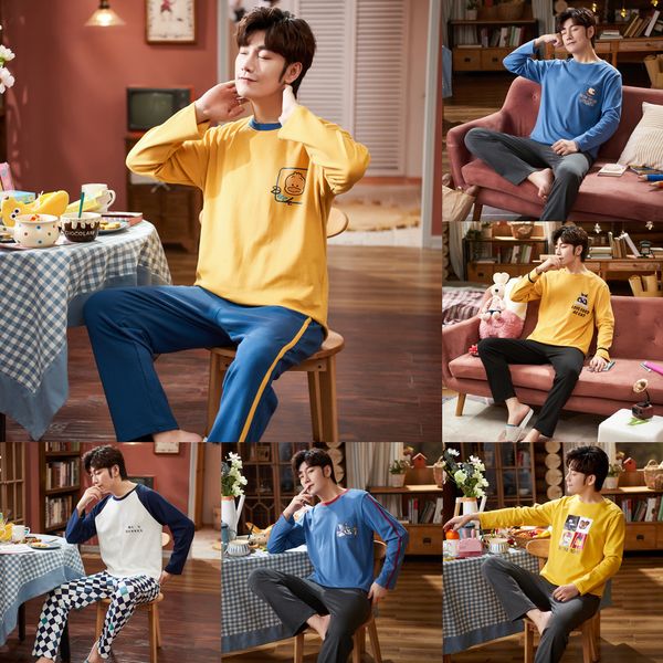 

autumn spring long sleeve man pajama sets 100% cotton print pajamas men casual sleepwear homewear plus size xxxl pijama q1216, Black;white