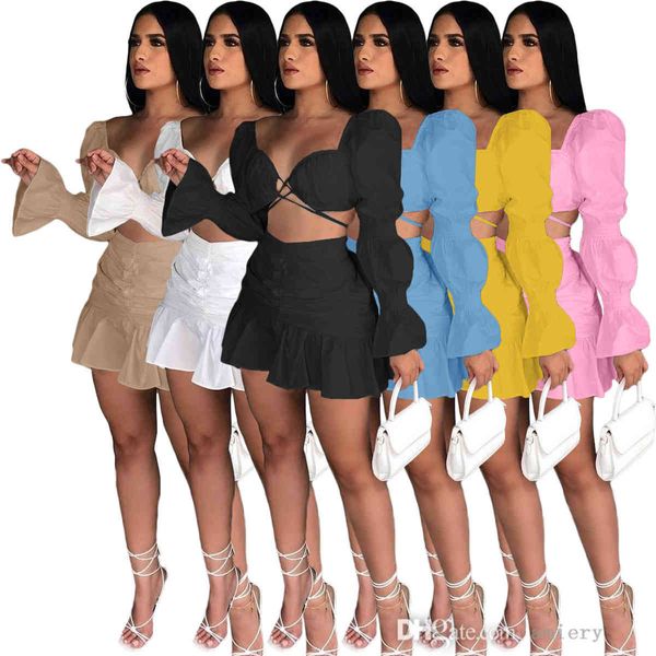 Meninas Duas peças vestido roupa novo estilo spuare pescoço lanterna manga tops + saia plissada curta moda senhoras terno 6 cores