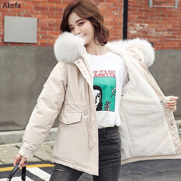 

thick warm women parkas 2021 flannel insided down cotton jacket coats big fur collar zipper padded parka stand collar coat1, Black