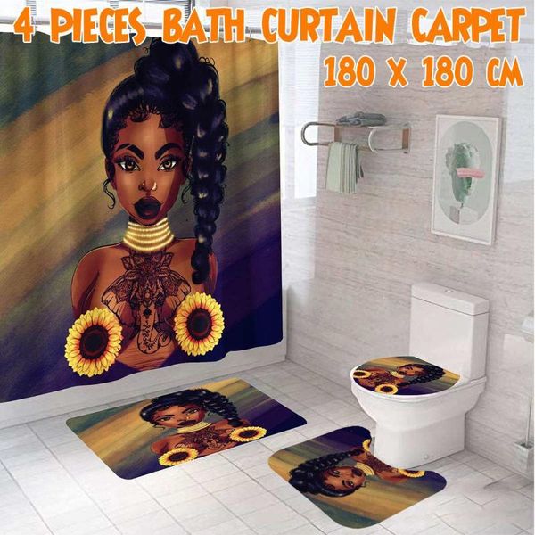 

african american women durable waterproof shower curtain set with afro africa girl queen non-slip bathroom mat rugs