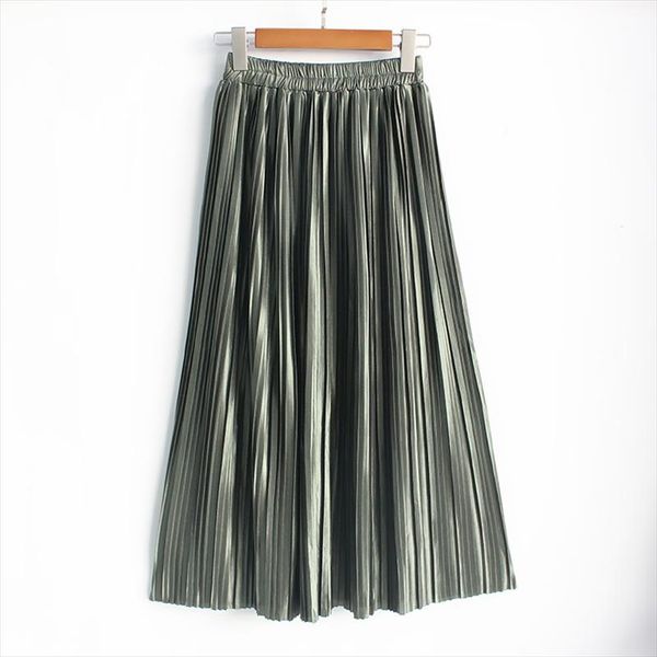 

2021 fashion bling metallic silk korean new women high waist pleated maxi skirt tutu skirts elastic plus size long skirts saia, Black