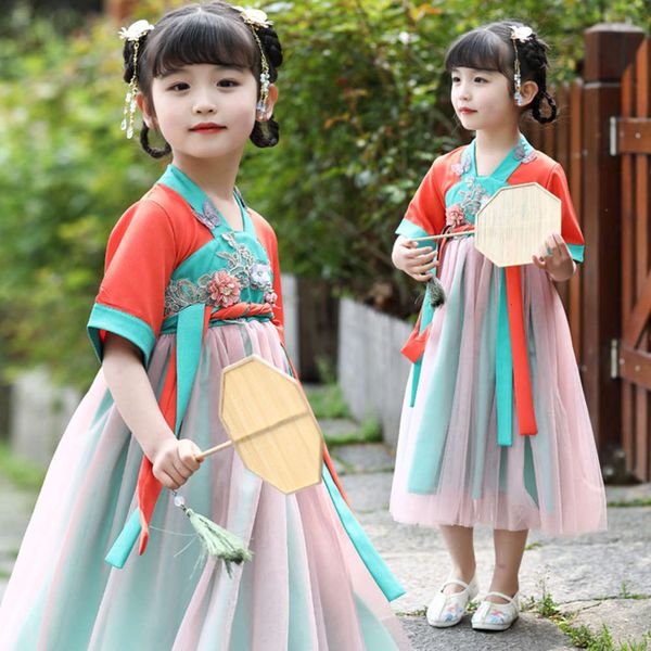 

ancient hanfu girls' 2020 costume children's super fairy short sve summer yarn three dimensional applique ru skirt little girl&#03, Red;yellow