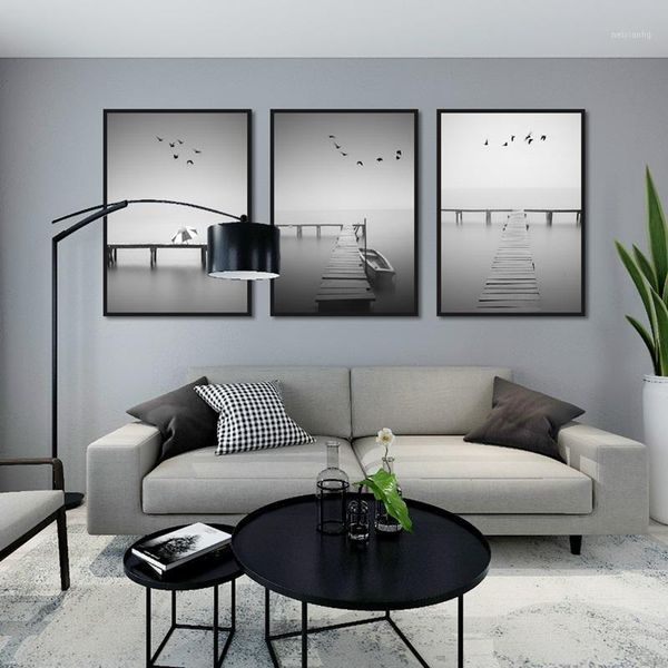 

paintings the sea side birds umbrella wooden bridge and boat canvas painting posters prints wall pictures for living room decoration1