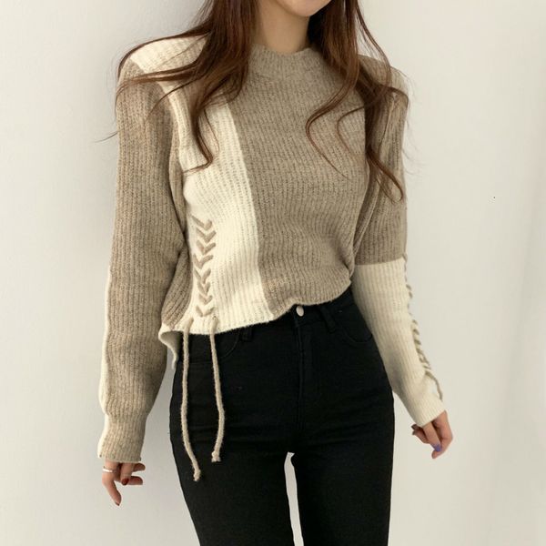 

2021 new women's knitting sweater slap-neck lace to pit mesh jumpers korean-style korean office lady winter clothes tlvu, White;black