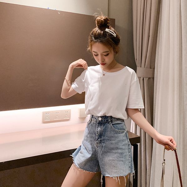 

2021 cotton candy-colored t-shirt of women clothes neck new korean summer solid color short regular sleeved c9lv, White