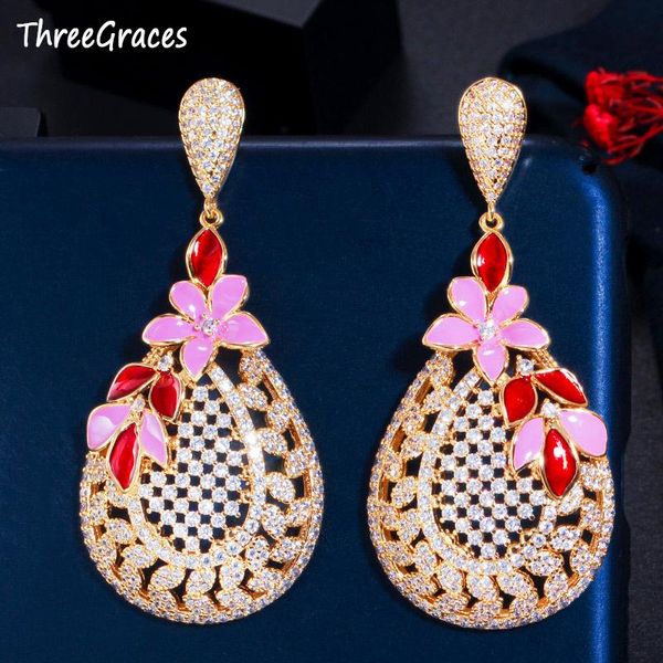 

threegraces 2020 new luxury cubic zirconia ethnic long hollow out red enamel flower leaf dangle earrings jewelry for women er494, Silver