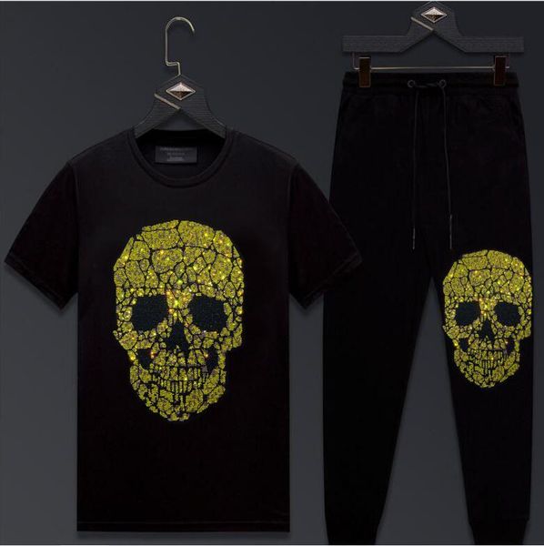 

2021 new diamond stone summer sets short sleeve casual two piece tracksuit men sportswear rhinestones brand clothing suit cbad, Black