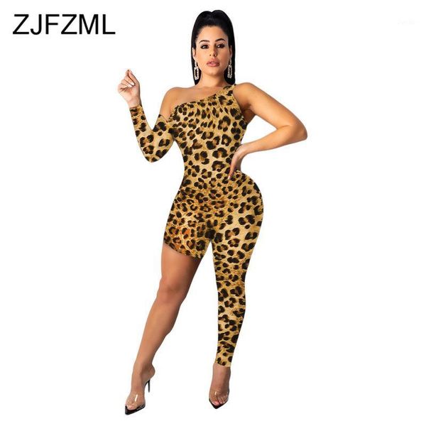 

leopard print vintage party overalls for women one shoulder backless fitness romper casual ladies full sleeve asymmetry jumpsuit1, Black;white