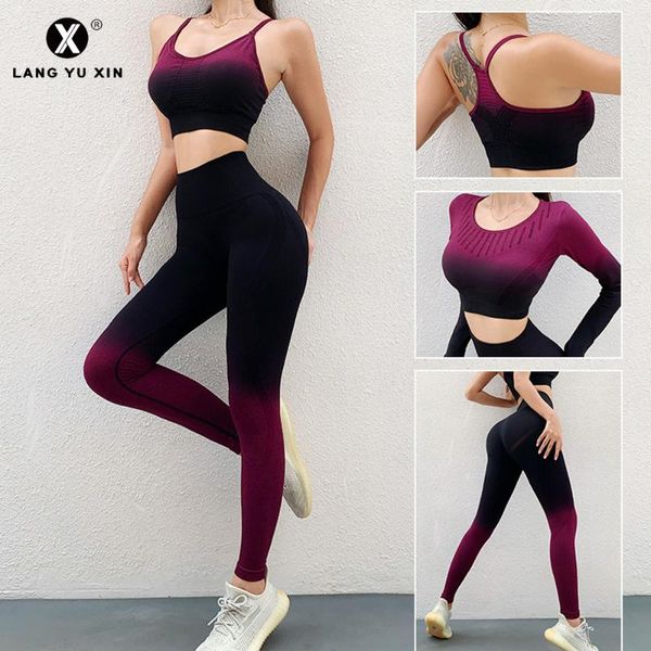

yoga outfits women's 3-piece seamless set crop long sleeve high waist tights bra sportswear running fitness workout tracksuit, White;red