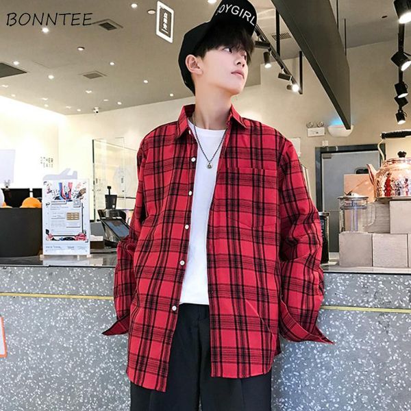 

plaid shirts for men long sleeve pockets large size 3xl loose korean fashion leisure oversize outwear all-match spring students, White;black