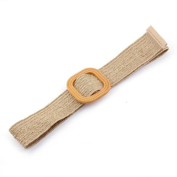 

women's straw knitted elastic belt girl holiday seaside bohemian ethnic style round square button wax rope woven wide belt strap, Black;brown