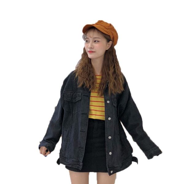 

bf harajuku jacket women 2021 autumn vintage fashion single breasted blue denim coat woman casual loose long sleeve black jacket, Black;brown