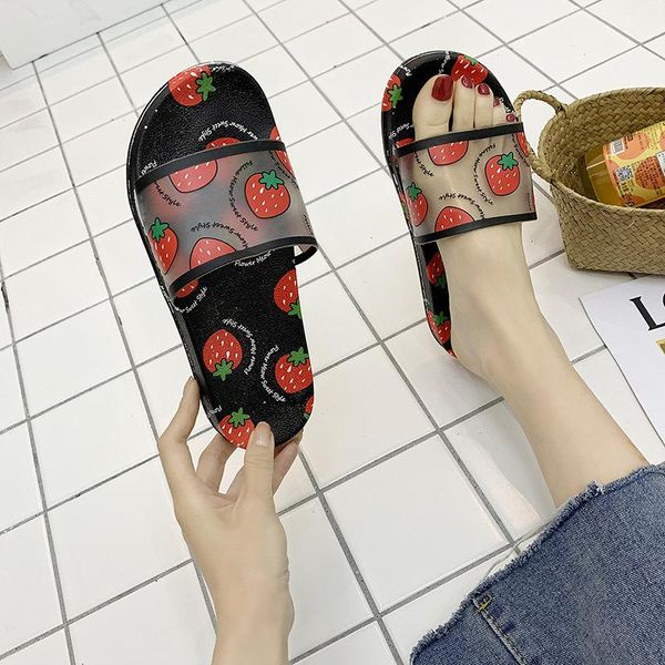 

pvc house slippers women summer fruit shoes watermelon pineapple home slippers sandals slides female printing flip flops girls, Black