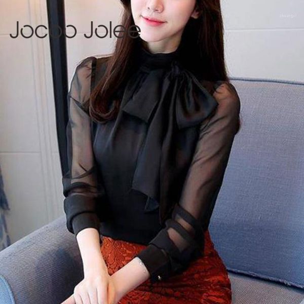 

jocoo jolee korean tie bow neck elegant blouse sweet office lady turtleneck slim chiffon blouse casual solid shirt tunic 1, White
