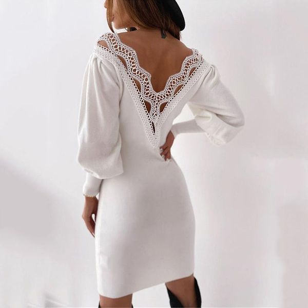

autumn dress backless hollow lace stitching v-neck long sleeve slim dressfashion lantern sleeve bodycon dresses femme robe, Black;gray