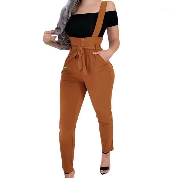 

women's pants & capris monerffi 2021 women long bandage design button pockets decor high waist pencil lady slim hips shoulder straps1, Black;white