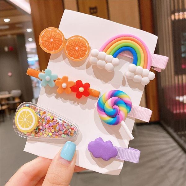 

6/9/10pcs/set hair clips for girls cute fruit rainbow flower candy kids hairpins barrettes girls hair accessories ornament, Slivery;white