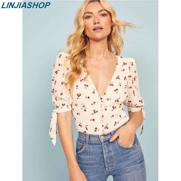 

elegant women's summer blouses and shirt v neck short sleeves with straps loose summer crop cherry print shirt women y200622, White