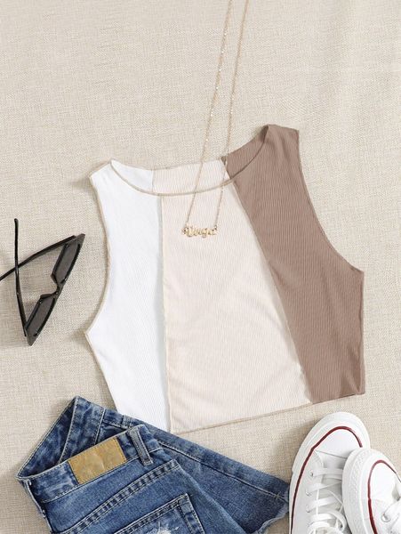 

stitch trim rib-knit colorblock tank y3jc#, White