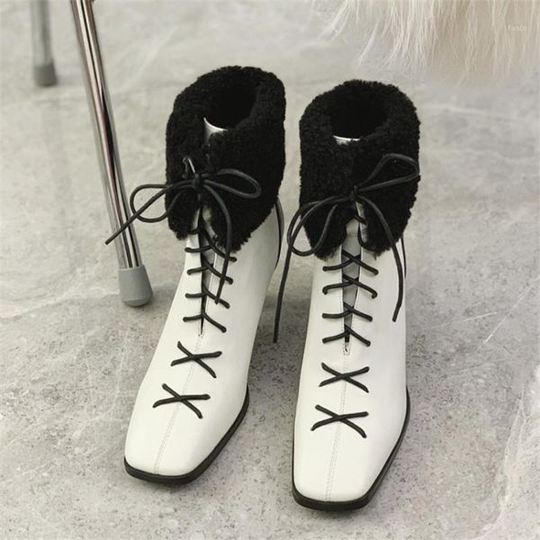 

boots pxelena designer lambswool strange high heels ankle women genuine leather 2021 winter square toe office lady dress party1, Black