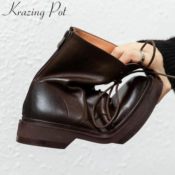 

krazing pot soft cow leather platform round toe all-match high fashion keep warm winter shoes brand motorcycle ankle boots l211, Black