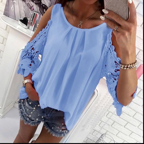 

women blouse shirt summer beach casual cold shoulder long sleeves hollow out ladies mujer tee, White