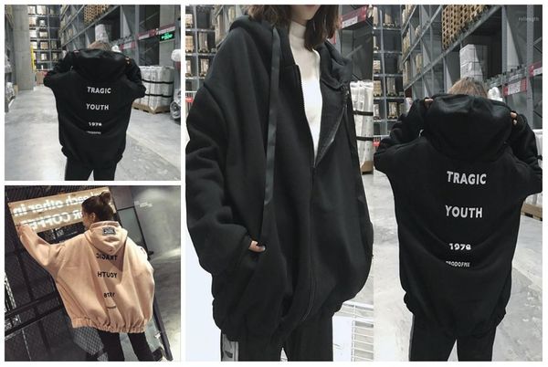 

autumn winter women oversized hoodies korean letter zipper loose hooded sweatshirt coat fleece warm 1, Black