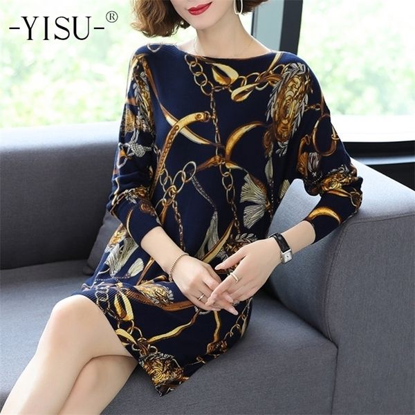 

yisu printed knit dress women long sweaters casual long sleeve loose pullover soft jumper autumn winter knitted sweaters dress 201130, White;black