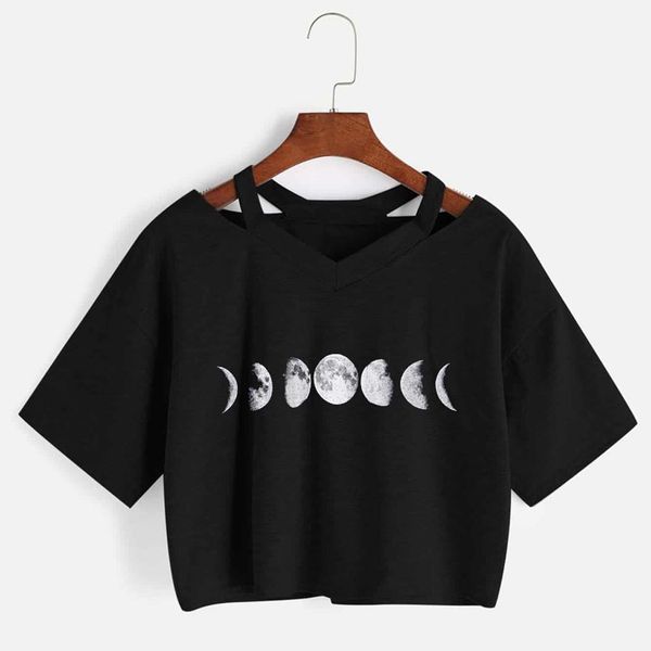 

#z10 new fashion women t shirt moon printed short sleeve v-neck funny t-shirt black casual women tee shirt streetwear clothes, White