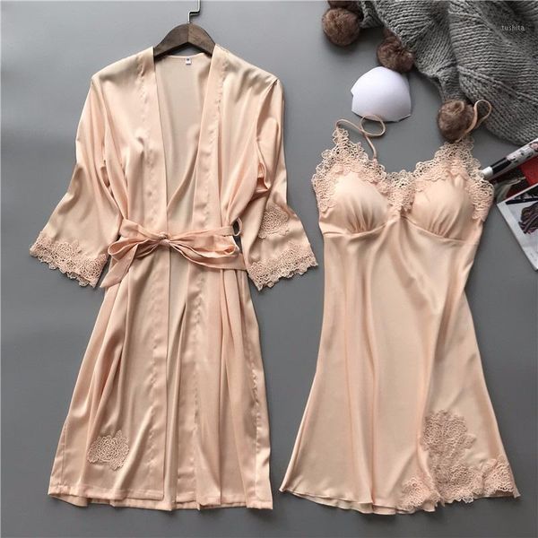 

2020 summer silk robe & gown sets for women bathrobe + mini night dress two pieces sleepwear 5 color bra pajamas1, Black;red