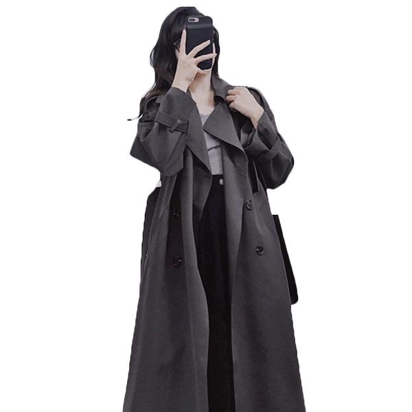 

women's trench coats workwear windbreaker mid-length 2021 spring autumn korean style loose over-the-knee british coat 77c, Tan;black