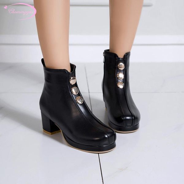 

casual style round toe ankle boots fashion rivets zipper platform black white apricot high heel thick riding boots women's shoes