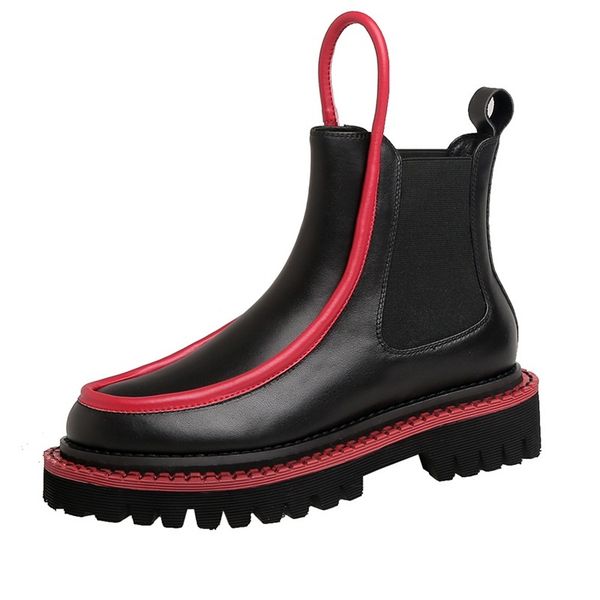 

2021 genuine leather mark ladies ankle boots elastic band toe foot heels vintage fall party woman shoes j7ci, Black