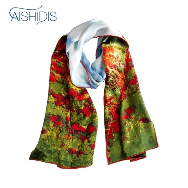 

long silk scarf shawl claude monet "poppy field in argenteuil" grass theme flower wraps handrolled hems y201024, Blue;gray