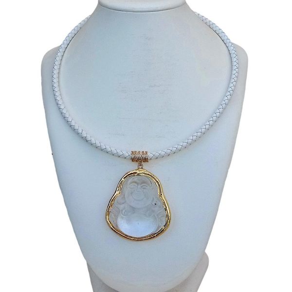 

white leather choker necklace clear quartz carved buddha pendant 19" q1209, Bronze;silver