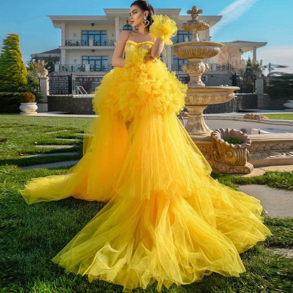 Vintage Abendkleider Gelb High Tulle Prom Kleider Sweetheart Rüschen Tiered Mesh Prom Gowns farbige besondere Anlässe Kleid