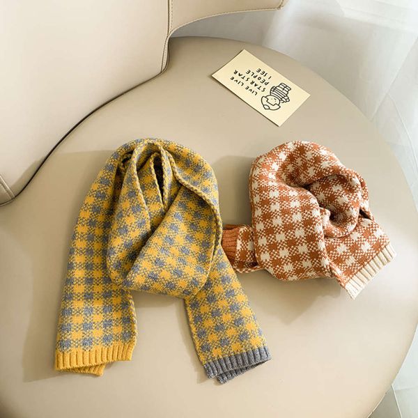 

scarf korean color matching knitting wool children's shawl lattice autumn winter warm boys and girls' neck, Red;brown