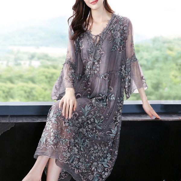 

2020 spring summer korean style womens high waisted embroidery grey dress , loose 4xl imitation silk dresses for woman1, Black;gray