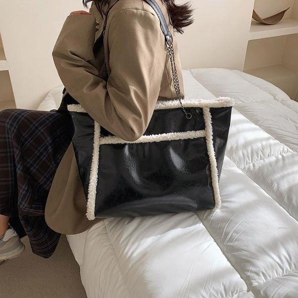 

shoulder bags fashion women fluffy big black white color soft pu leather handbag female chain bag large capacity shopping