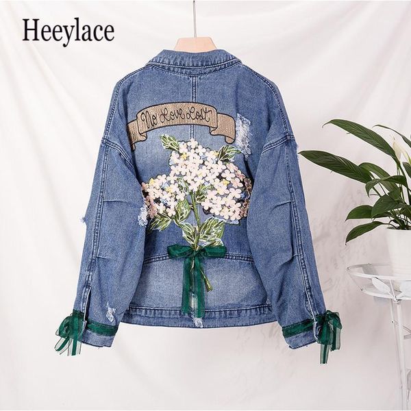 

embroidered jeans coat female autumn 2020 plus size embroidered lace bow heavy embroidery jeans coat female 5xl chic clothes1, Black;brown