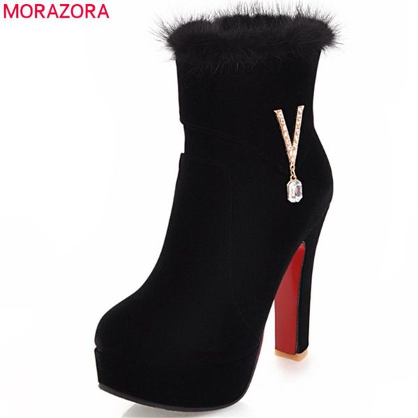 

morazora 2020 new arrive women boots round toe zipper ladies boots flock black red platform ankle crystal plus size 33-47
