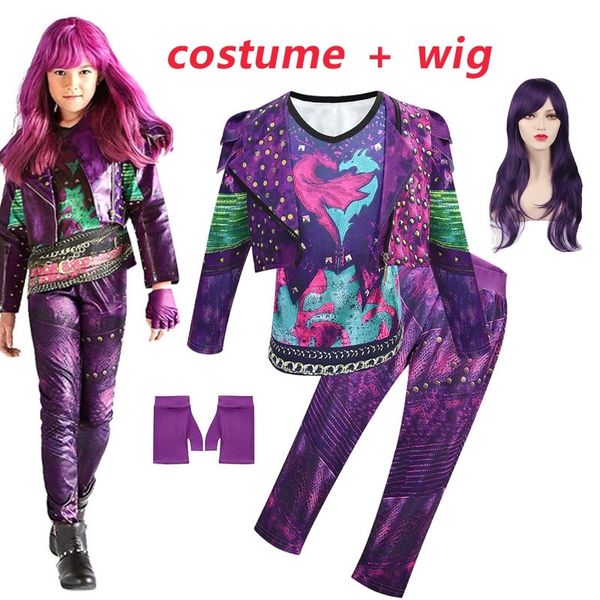

new descendants 3 mal bertha maleficent gloves live evil straight blue kids cosplay wig + dress halloween costume for kids girl y200325, White