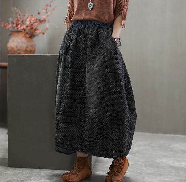 

2020 spring summer skirt large size retro women elastic waist loose pocket vintage spliced casual all-match skirt, Black