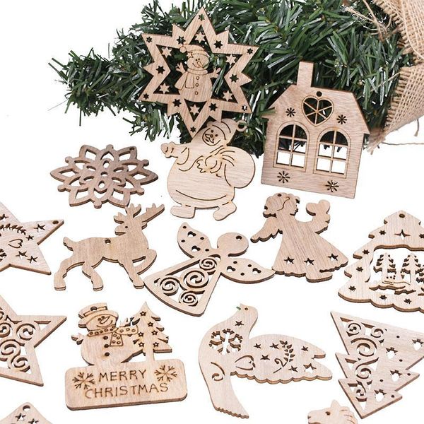 

snowflake 5pcs claus christmas santa wooden pendant wooden christmas tree hanging decor new year xmas ornaments navidad gifts