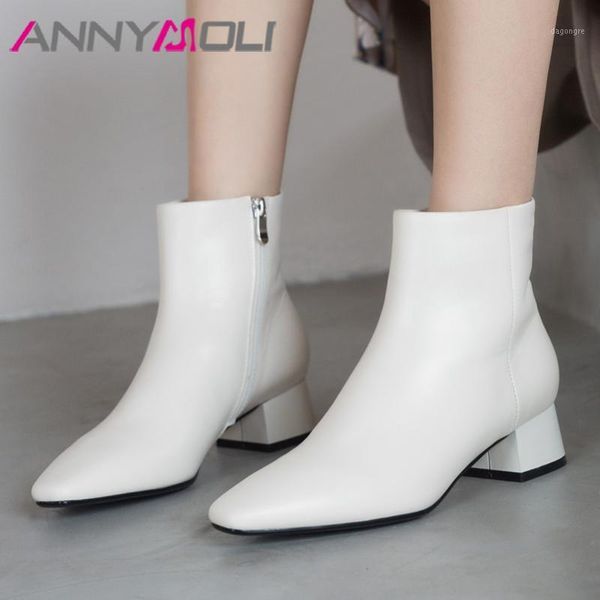 

boots annymoli natural genuine leather thick heels ankle women short shoes pointed toe zipper mid heel lady beige 431, Black