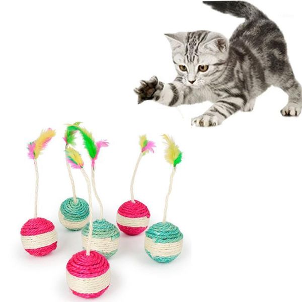 

funny pet cat catching toy with feathers rolling sisal cat kitten scratching ball pet toys interactive feather toy play doll1