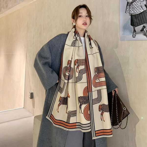 

scarves luxury horse print winter scarf cashmere women warm thick shawl wraps long female blanket for dropping, Blue;gray