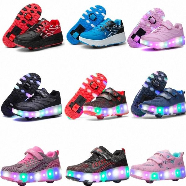 

two wheels luminous sneakers blue pink led light roller skate shoes for children kids led shoes boys girls light up 28-43 #qz4z